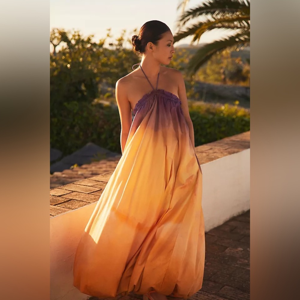 Anthropologie Geisha Designs Bubble Hem Halter Dress Ombré Purple Orange XS Midi
